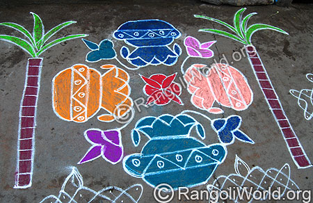 Pongal Theme Freehand Rangoli with Sugarcane