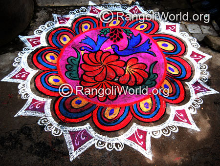 Birds on flowers freehand rangoli for thai pongal