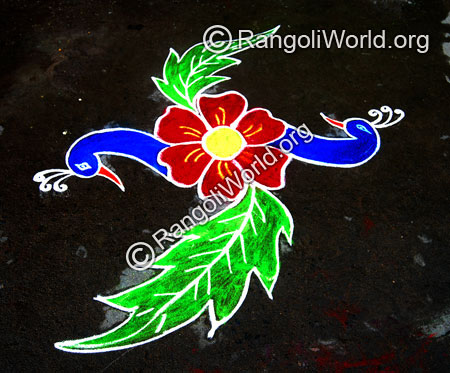Easy twin peacock with flower freehand rangoli jan2015