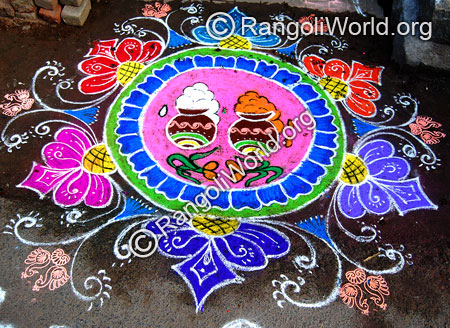 Pongalo pongal rangoli with traditional turmeric plant