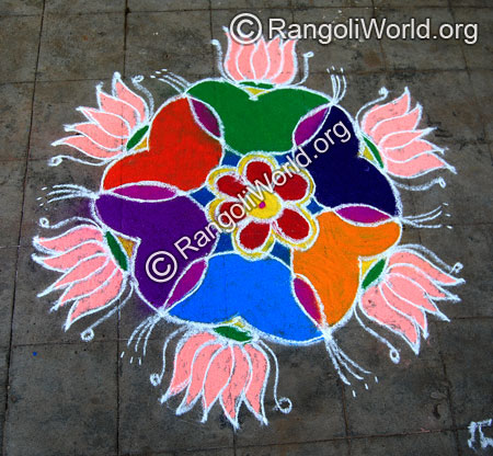 Salmon pink lotus freehand rangoli
