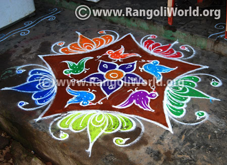 Lotus and birds freehand rangoli pongal 2017
