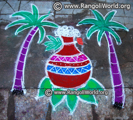 Single pongal pot sugar cane rangoli design 2018