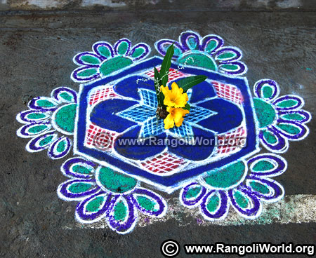 Pongal freehand rangoli with poosani poo mavilai