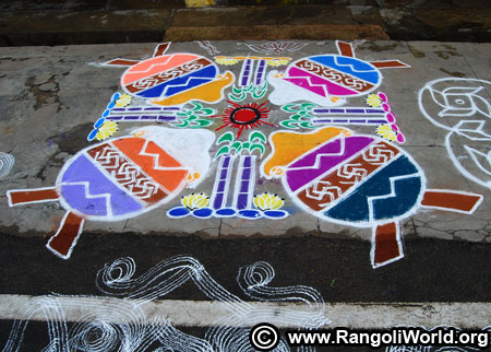 Pongal pot sugarcane rangoli design