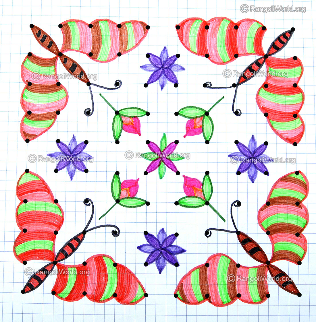 Butterfly flowers kolam with dots