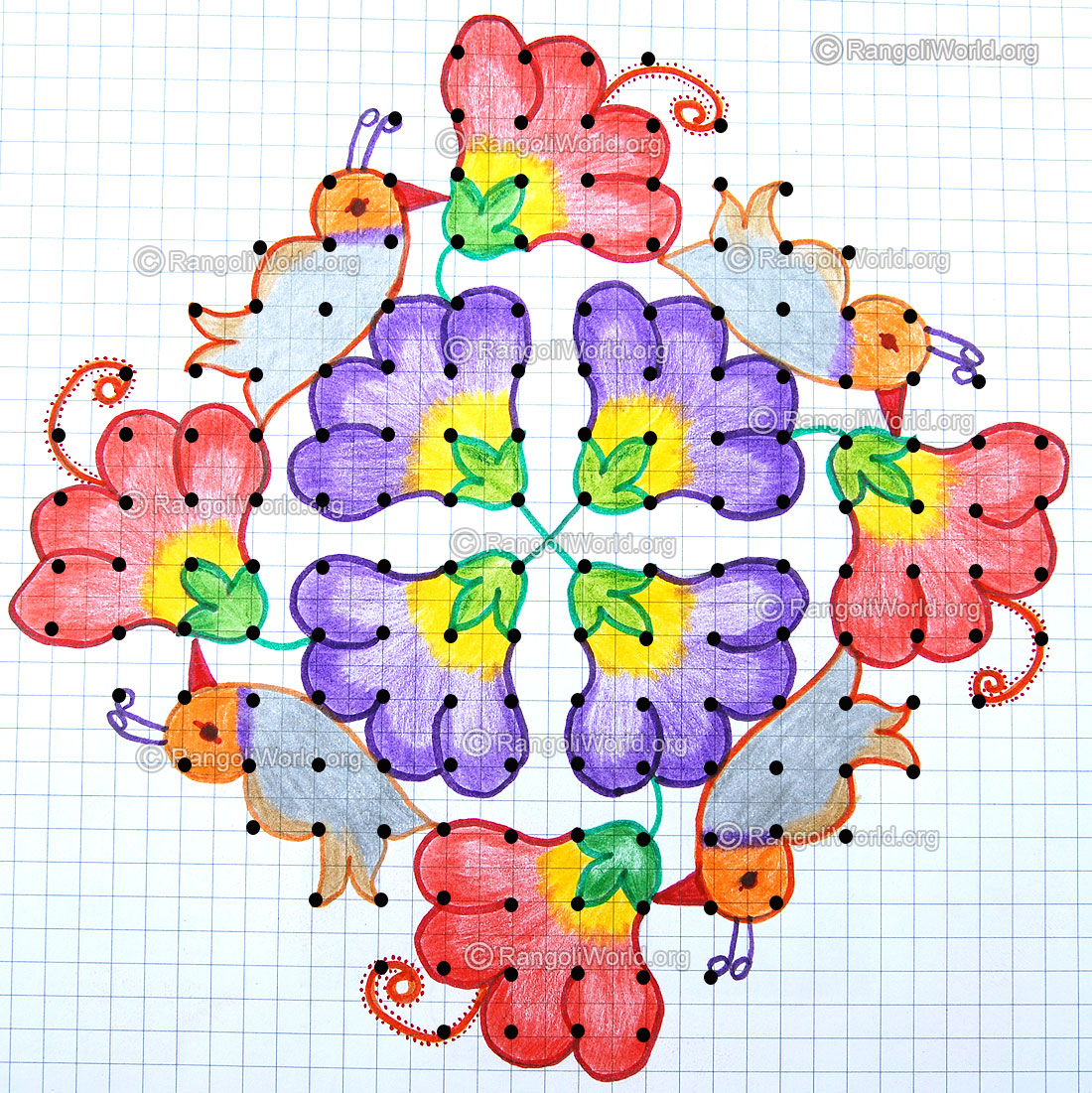 Flowers Birds Kolam With Dots
