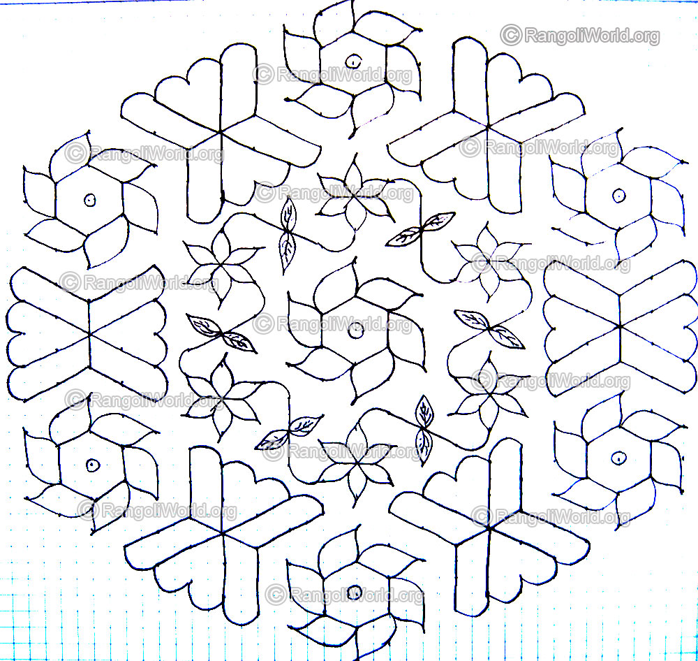 Flowers Kolam3 with pencil outline for kids & beginners