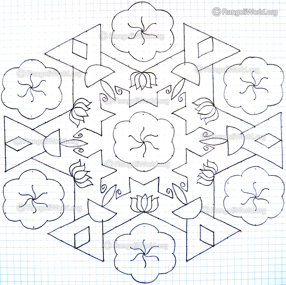 Lotus Flowers Lamp Kolam with pencil outline for kids