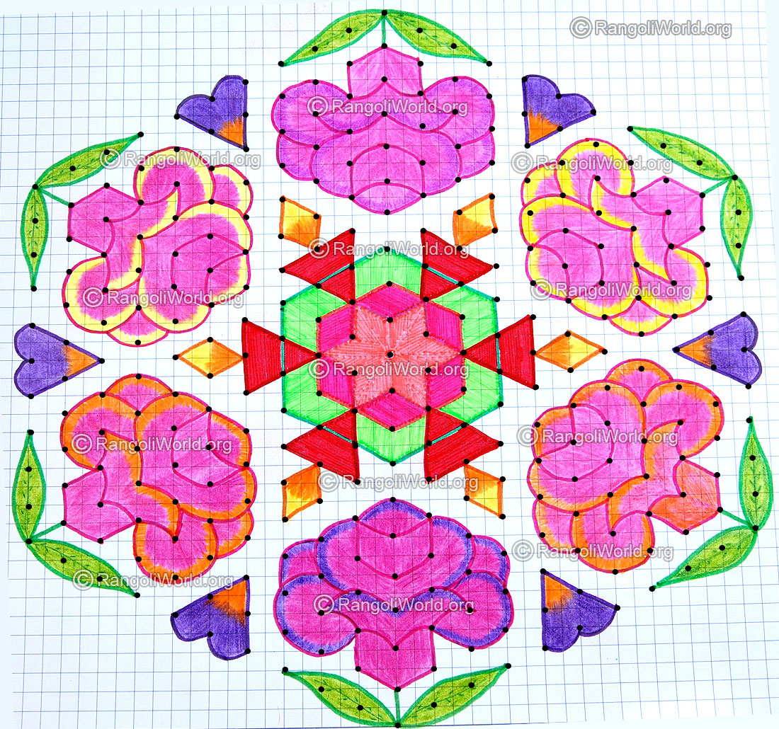 Rose flower deepam kolam with dots