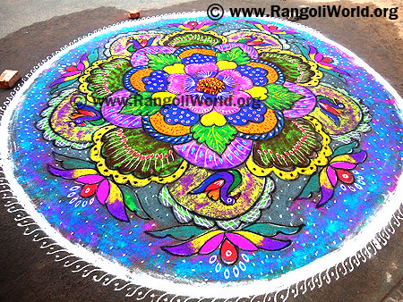 Freehand Rangoli with flowers birds
