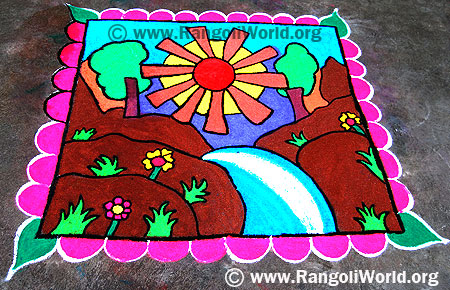 Sunrise behind the mountain and river rangoli