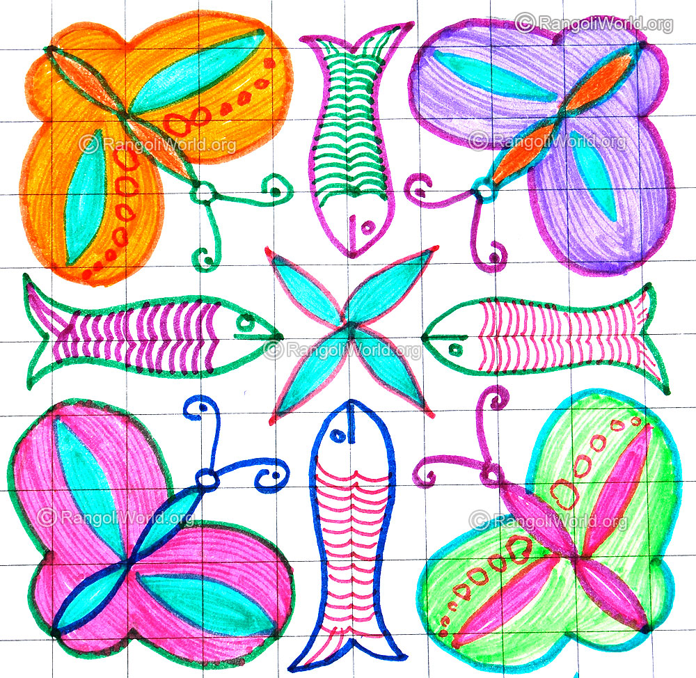 Butterfly and fish kolam april14 2015
