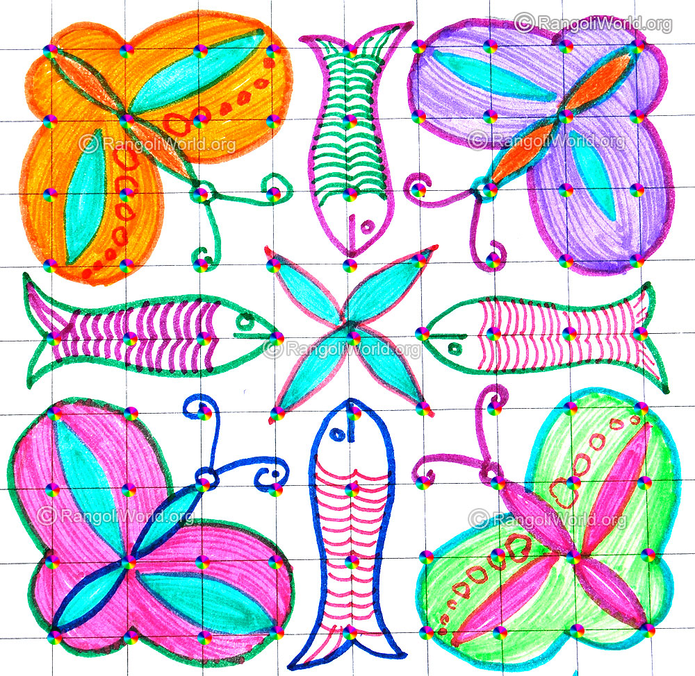 Butterfly and fish kolam april14 2015 with dots