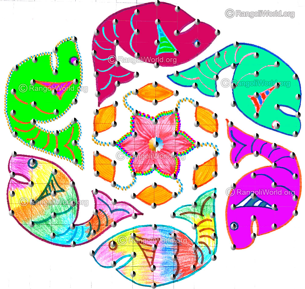 Colorful fish kolam april14 2015 with dots