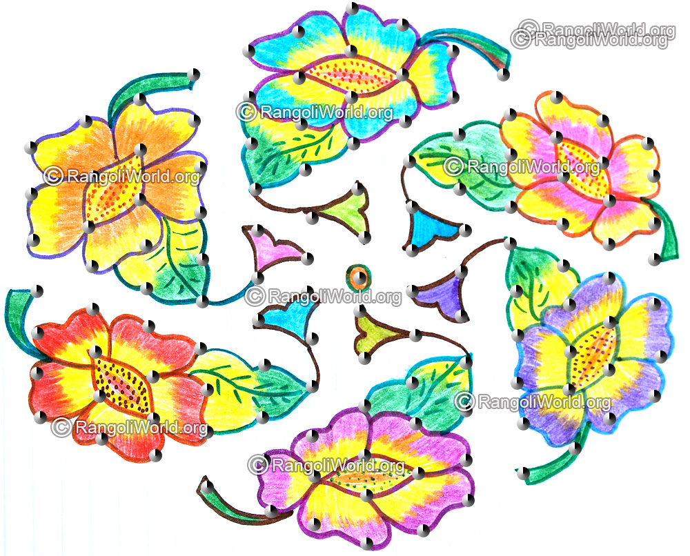 Flower with leaf kolam with dots