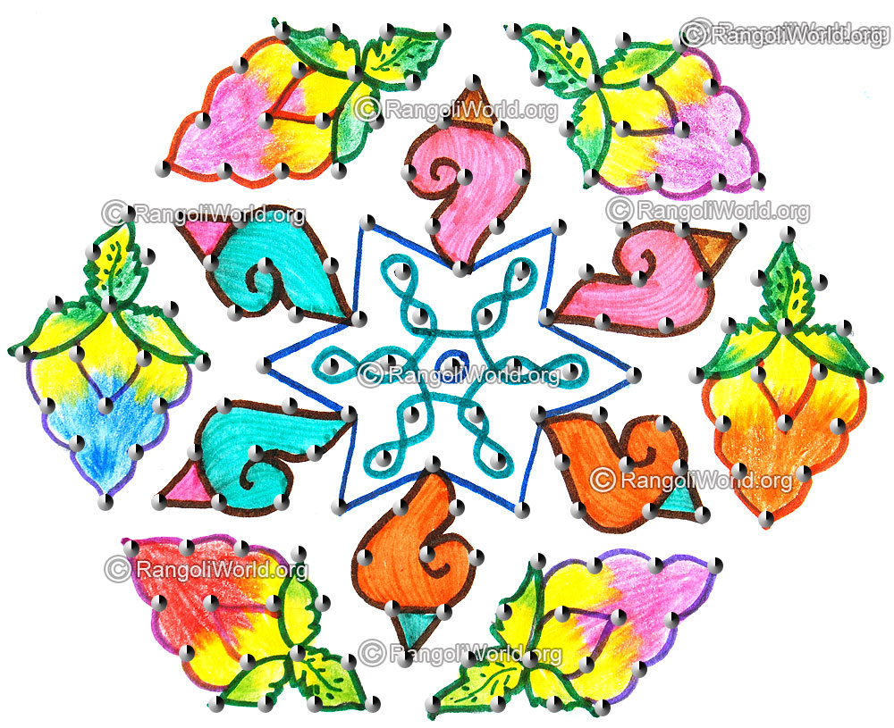 Sangu star flower kolam april14 2015 with dots