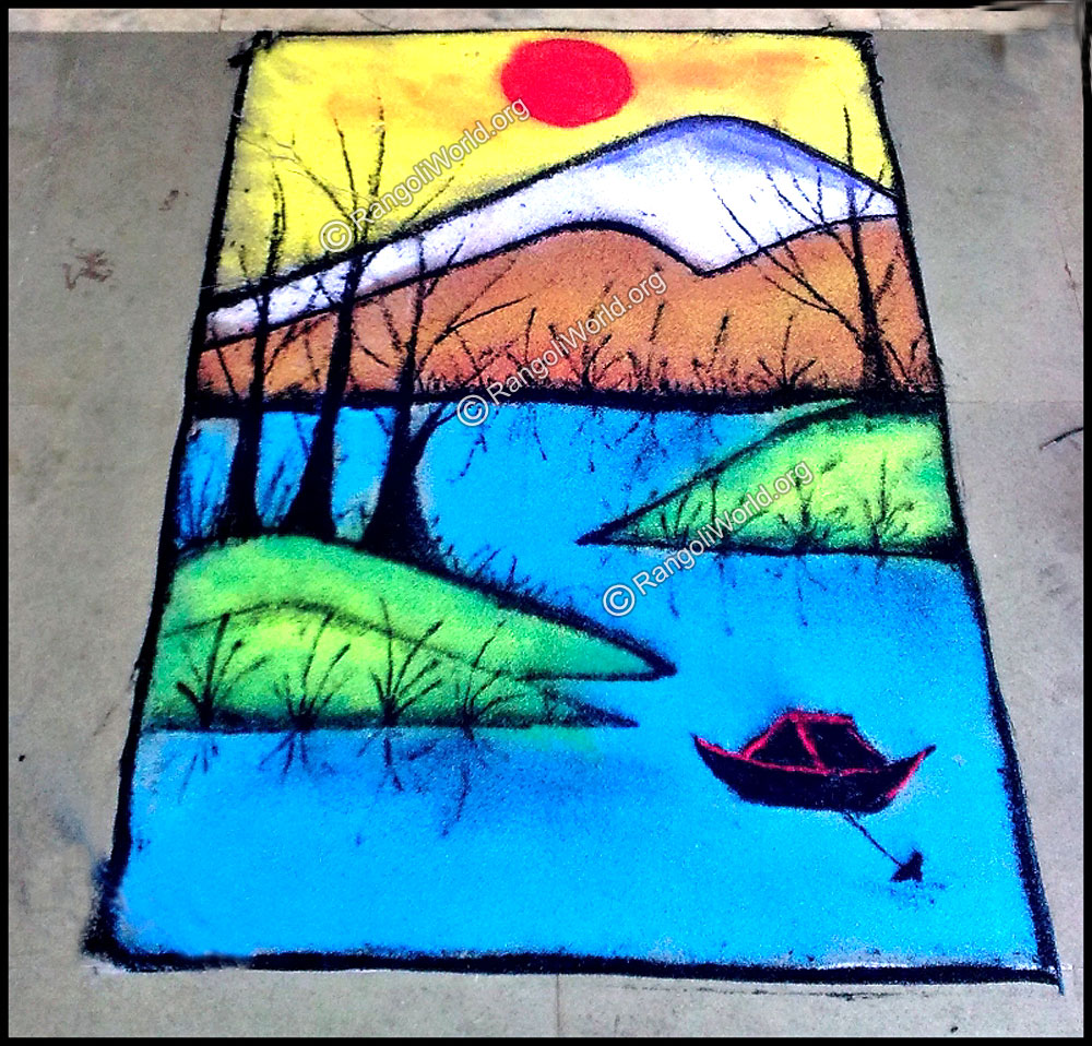 Natural scenery with boat rangoli