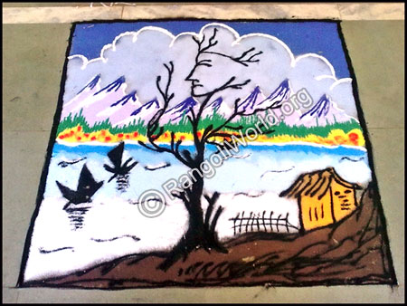Hidden face in tree and natural scenery rangoli