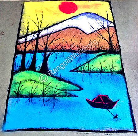 Natural scenery with boat rangoli